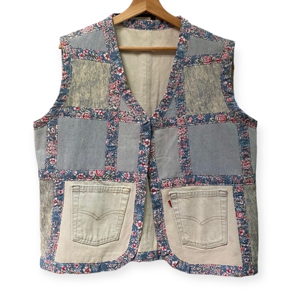 Hand Crafted Jackets & Blazers - ♦️SOLD♦️Hand Sewn Patchwork Denim Vest | Floral Trim | Levi’s patch pockets